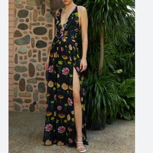 Sau Lee Gina Floral Ruffle Gown, Black with Multi Floral, Size 0